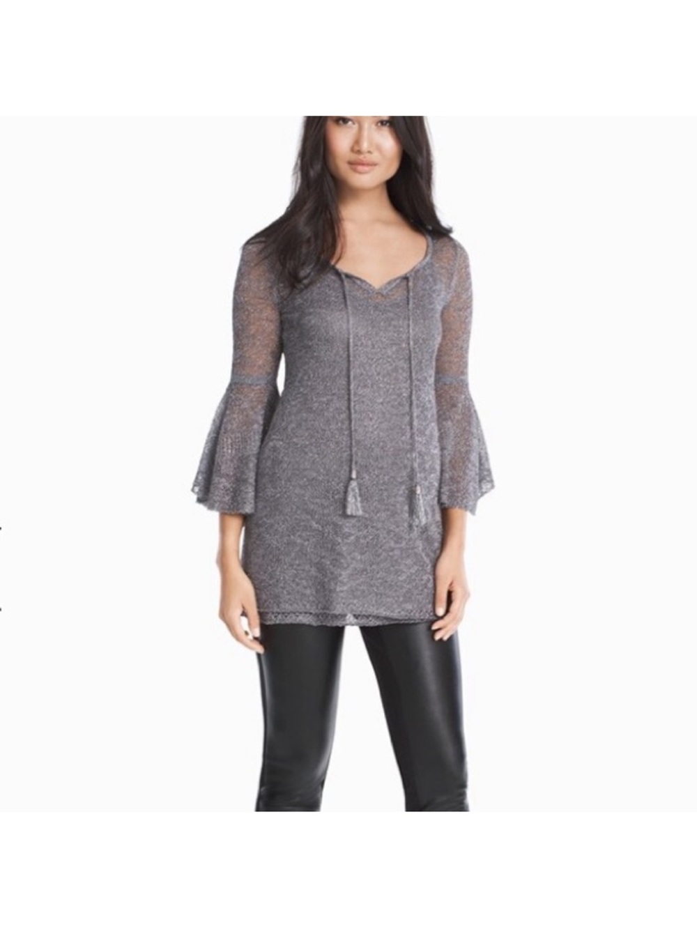 WHBM Bell Sleeve V Neck Tunic Silver Metallic Knit Sweater and Tank Top  M
